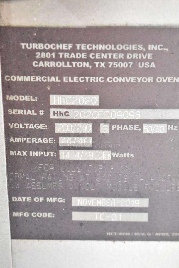 Turbochef HhC2020 stainless steel commercial electric conveyor oven, 208/240V, 3-phase. Serial: HHC2020ED09096.