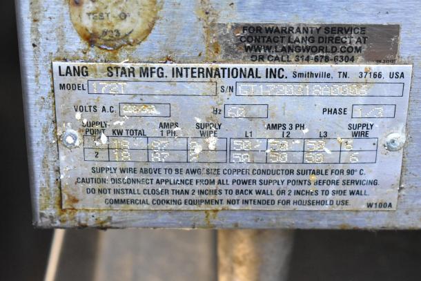 Label on Lang 172T Stainless Steel Commercial Griddle. Displays voltage, phase details, and contact info for warranty service.