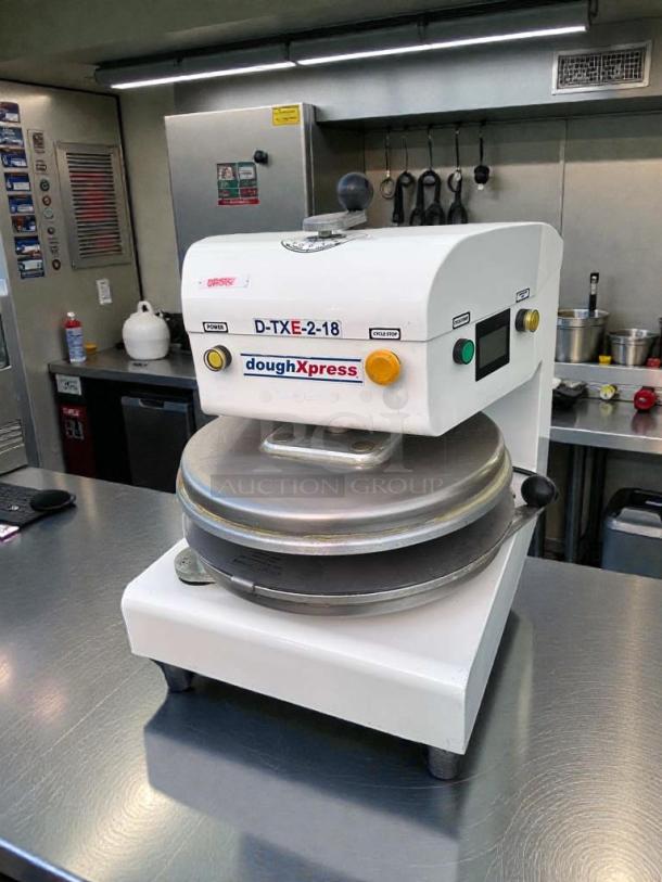 Premium condition DoughXpress D-TXE-2-18W LV commercial dough press, 18-inch, branded buttons, fully tested, USA-made.