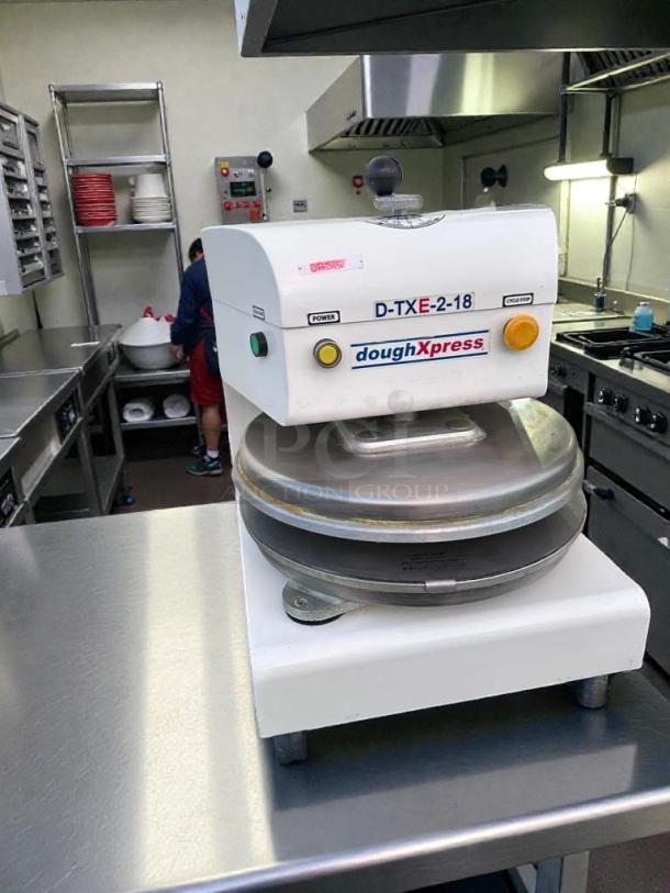 Premium condition DoughXpress D-TXE-2-18W LV commercial electric dough press, 18", made in USA, fully tested and working.