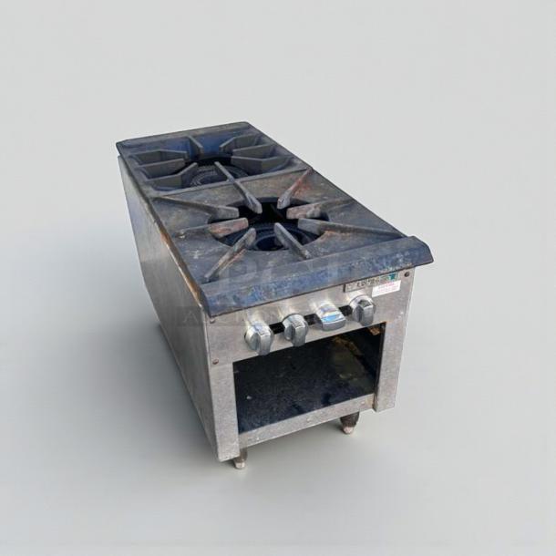 Commercial 2-burner gas hot plate, heavy-duty cast iron, excellent condition, unbranded, NSF style, fully tested.