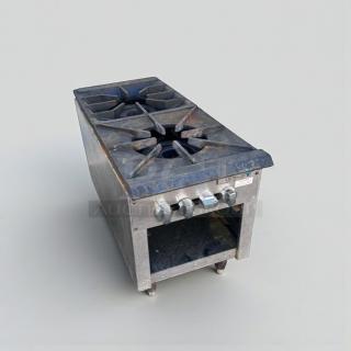 Commercial 2-burner gas hot plate, heavy-duty cast iron, excellent condition, unbranded, NSF style, fully tested.