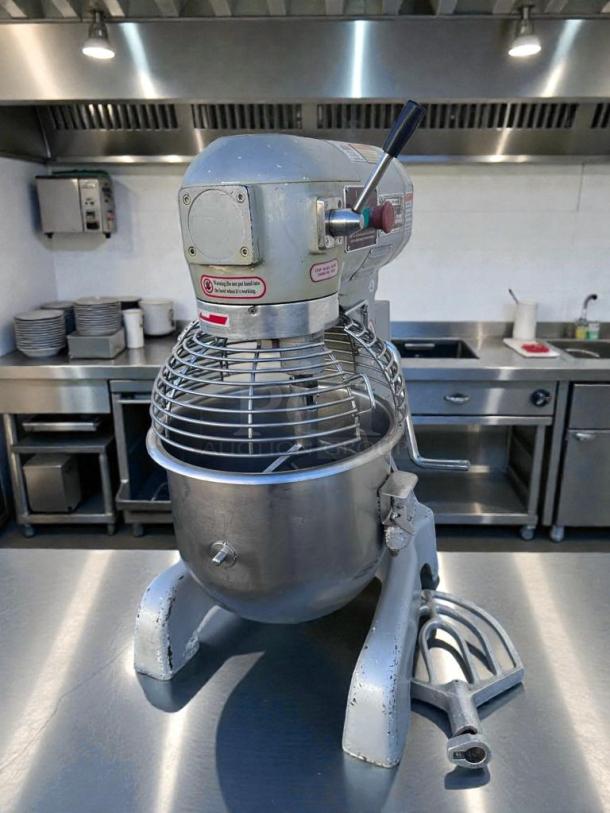 Commercial 20 Qt Planetary Mixer UPM-M20-3, silver, excellent condition, 110V, tested and working, with safety guard and attachments.