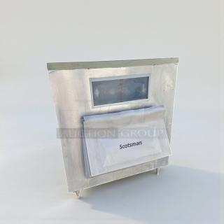 Silver Scotsman BH1100BB-A commercial ice storage bin in immaculate condition, NSF certified, with a front Scotsman logo.