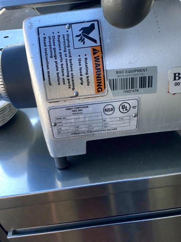 Hobart Commercial Meat Slicer, high-grade condition, heavy-duty manual, UL & NSF certified, fully tested, with warning label.