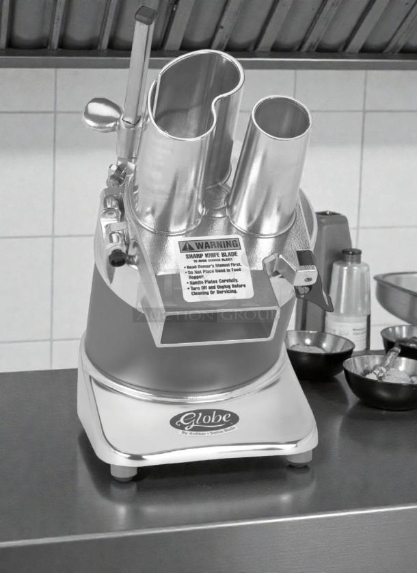 Globe GFP-500 commercial food prep machine in excellent condition, 115V, NSF & UL certified, fully tested, model label visible.