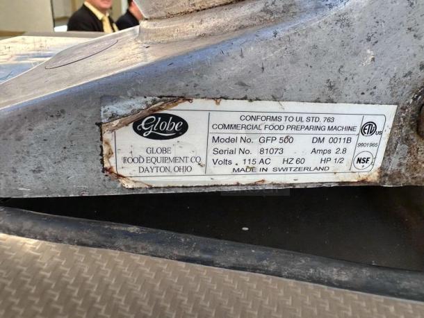Globe GFP-500 food preparation machine label, showing UL, NSF certifications. Model, serial number, 115V details visible.