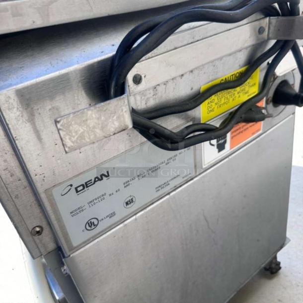 Dean UFM90U80 fryer oil filter, premium condition, 110–120V, NSF & UL listed, tags show model and electrical details.