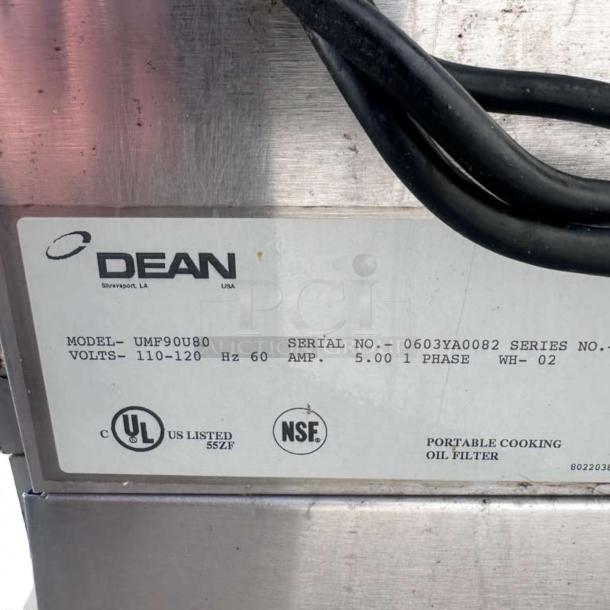 Dean UFM90U80 portable fryer oil filter, premium condition, 110-120V, NSF & UL listed, label shows model and specs.