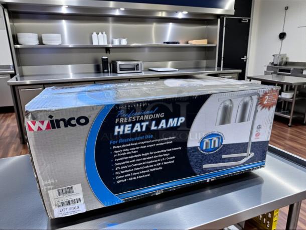 Brand new Winco EHL-2 dual heat lamp, commercial food warmer in original box, UL & NSF listed, model WIN-S-HL-0294.