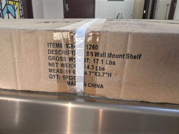Brand new KoolMore WMSH-1260 stainless steel wall mount shelf, NSF certified, dimensions 61.6"x14.3"x3.7", in original box.
