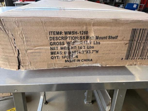 Brand new KoolMore WMSH-1260 stainless steel wall mount shelf in original box. NSF certified, 60"x14.3"x3.7", never used.