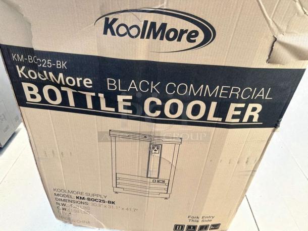 Brand new KoolMore KM-BC25-BK black bottle cooler in box. UL & NSF listed. Dimensions: 30.3" x 31.1" x 41.7".