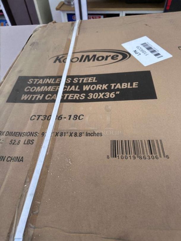Brand New KoolMore CT3036-18C stainless steel work table in original box, 30"x36", NSF listed, with casters.