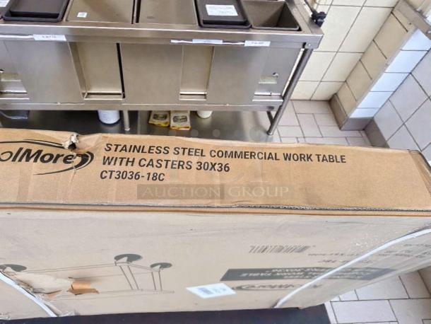 KoolMore CT3036-18C stainless steel work table in original box, 30" x 36", with casters, NSF listed, never used.