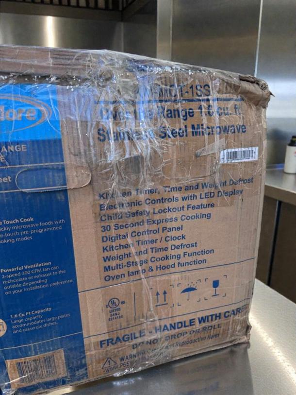 Brand new KoolMore KM-MOT-1SS over-the-range stainless steel microwave, 1.6 Cu. Ft., in original packaging, UL listed.