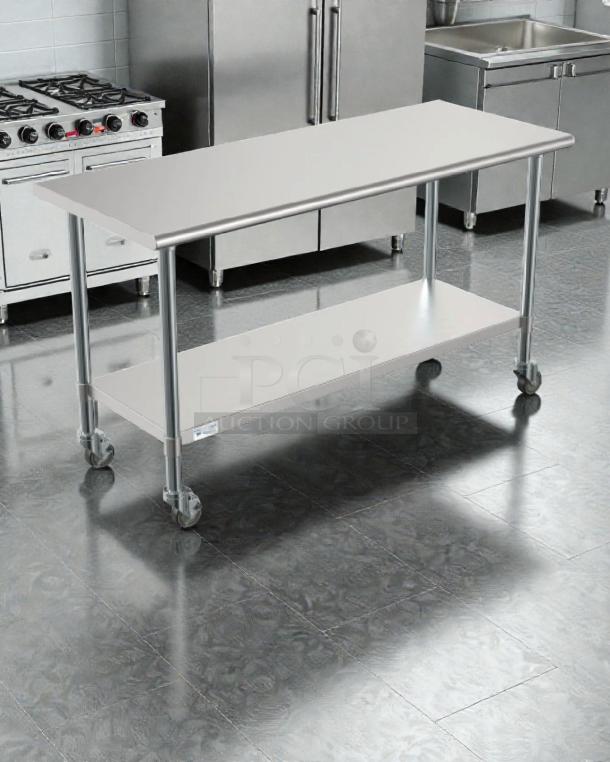 Brand new KoolMore CT2460-18C stainless steel commercial work table with casters, 24"x60", NSF certified, in original box.