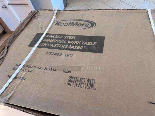 Brand New KoolMore CT2460-18C, 24"x60" stainless steel commercial work table with casters, NSF certified, in original box.
