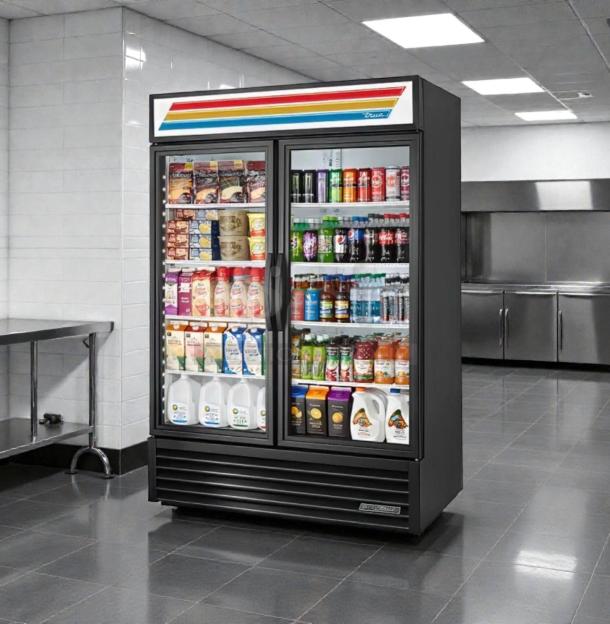 True GDM-49 glass door merchandiser refrigerator, 49 Cu. Ft., premium condition, UL listed, fully stocked, stainless steel interior.