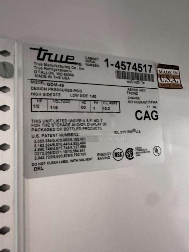 Label on True GDM-49 Commercial Refrigerator, UL Listed, 49 Cu. Ft. It includes model, serial number, and "Made in U.S.A." badge.