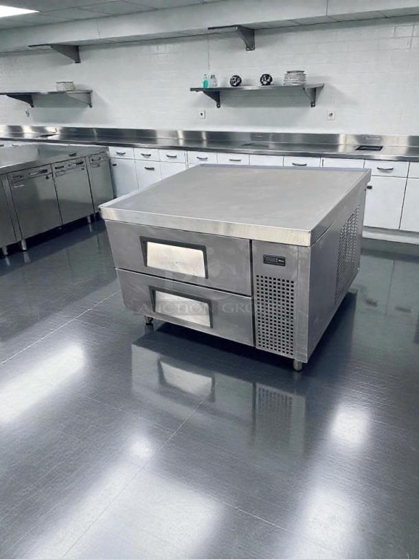 Pristine True TRCB-36 undercounter refrigerated drawer unit, fully operational, stainless steel, made in USA, model visible.