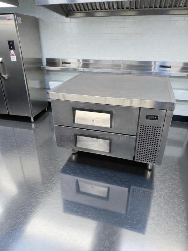 Pristine True TRCB-36 commercial undercounter refrigerated drawer unit, fully operational, made in the USA, stainless steel finish.