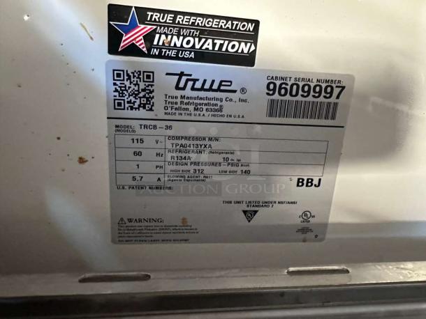 True TRCB-36 commercial refrigerated drawer unit label showing model, serial number, and specifications. Made in USA.