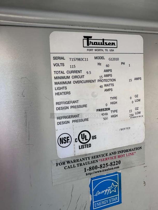 Traulsen G12010 commercial reach-in freezer label; 115V, UL & NSF listed, Energy Star, serial T157983C11, excellent condition.