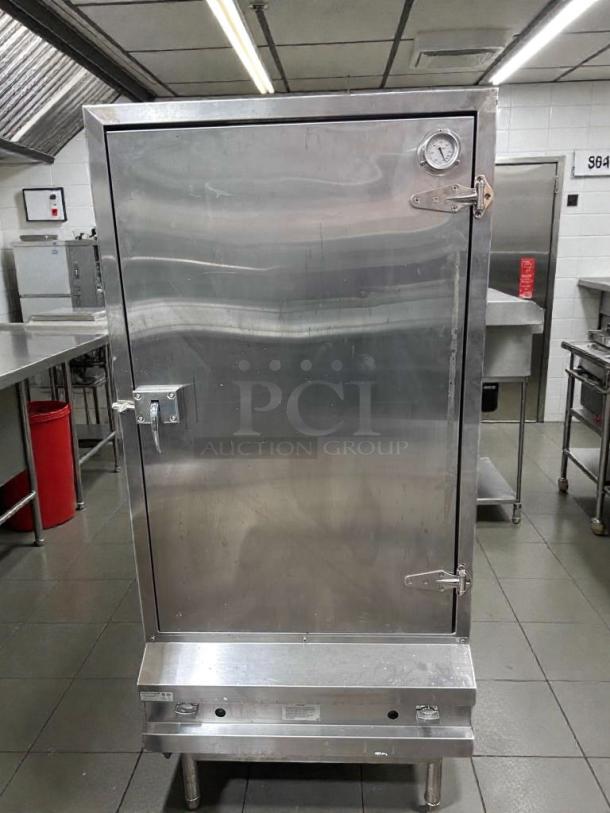 Commercial stainless steel smoker cabinet by Atlanta Culinary Equipment, premium condition, gas-powered, NSF certified, with gauge.