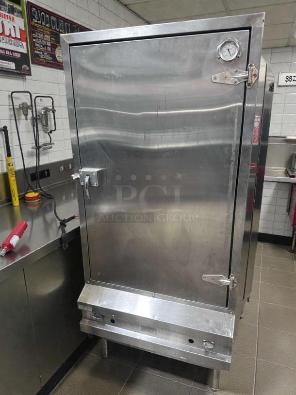 Commercial stainless steel smoker cabinet by Atlanta Culinary Equipment, gas-powered, NSF certified, fully tested, premium condition.