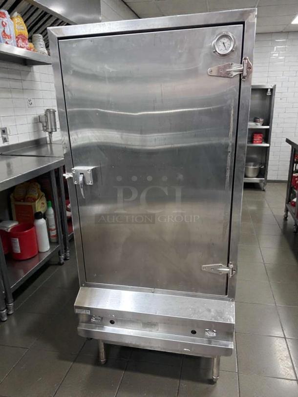 Commercial stainless steel smoker cabinet, gas-powered, by Atlanta Culinary Equipment. NSF certified, fully tested, excellent condition.