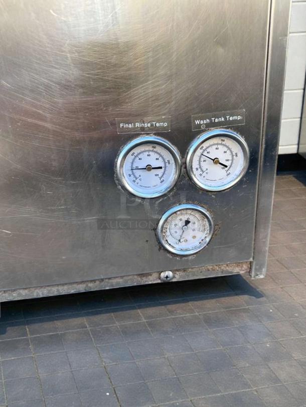 CMA/Kromo UC50e undercounter dishwasher, stainless steel, gauges for rinse and wash temp, 220–240V, UL listed, premium condition.