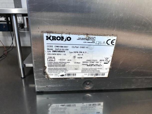 CMA/Kromo UC50e undercounter dishwasher, premium condition, 220–240V, UL Listed, model label visible, fully tested.