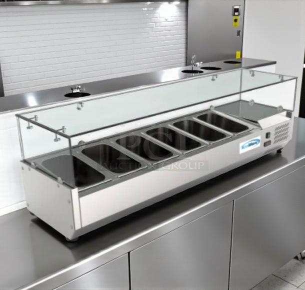 Brand new KoolMore refrigerated cold food well, 6-pan capacity, stainless steel, UL listed, in original packaging.