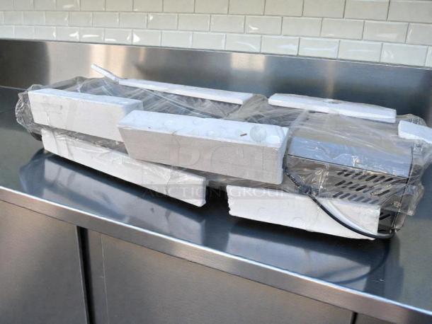 Brand new KoolMore 6-pan refrigerated food well, stainless steel, UL listed, in original packaging, Model KLM-M-CFW-0316.