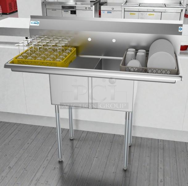 Brand new KoolMore SB121610-12B3 commercial two-compartment stainless steel sink with dual drainboards, NSF certified.