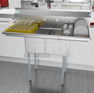 Brand new KoolMore SB121610-12B3 commercial two-compartment stainless steel sink with dual drainboards, NSF certified.
