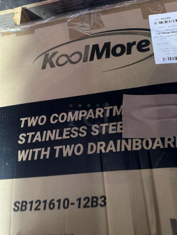 Brand New KoolMore SB121610-12B3 commercial sink in box, two compartments, stainless steel, dual drainboards, NSF certified.