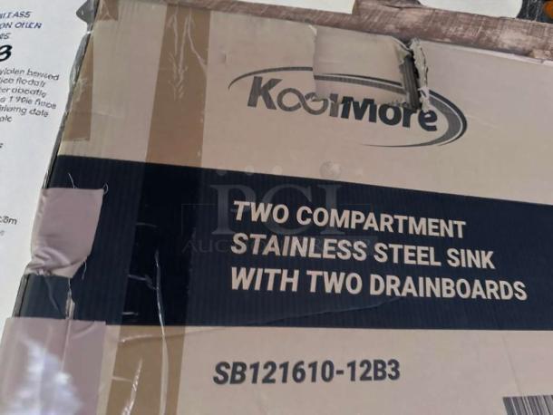 Box for KoolMore SB121610-12B3 sink, two compartments, stainless steel, dual drainboards, NSF certified, brand new.