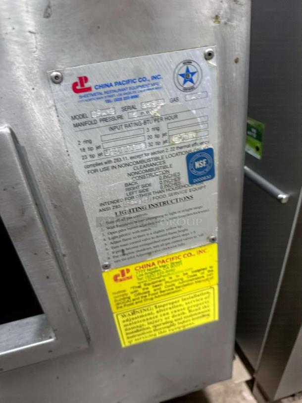 Premium China Pacific 3-Ring Wok Range, NSF Certified, fully tested, in excellent condition. Model CP-L-RNG-0320 tag visible.