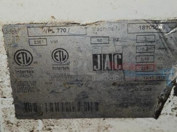 High-grade JAC VPL770 Varia Pro bread slicer label, showing model, specifications, and ETL certification, indicating commercial use.