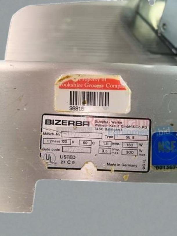 Bizerba SE8 manual meat slicer, 13" blade, stainless steel, commercial grade, UL listed, immaculate condition, fully tested.