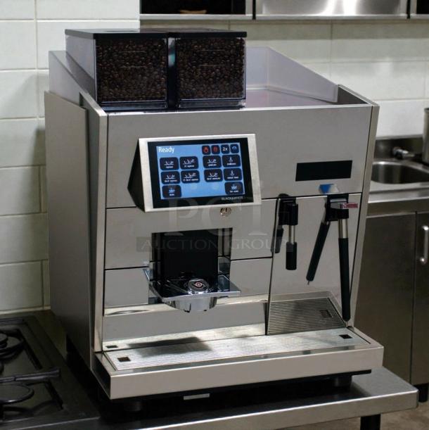 Thermoplan Black & White 3 espresso machine, dual hopper, touchscreen, stainless steel, fully automatic, tested, operational.