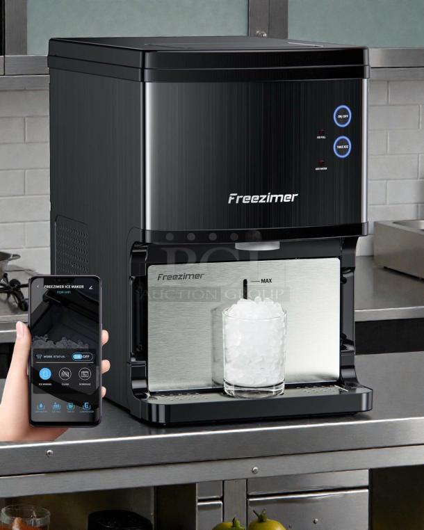 Freezimer Countertop Nugget Ice Maker, Wi-Fi enabled, excellent condition, 40 lbs/day output, shown with mobile app control.