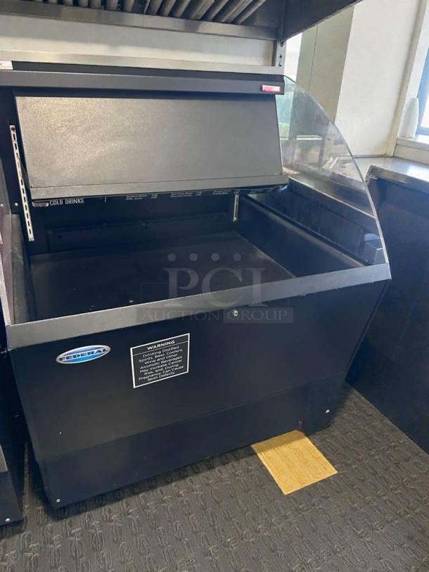 Federal Industries open-top beverage merchandiser in outstanding condition, black finish, UL listed, fully tested and operational.