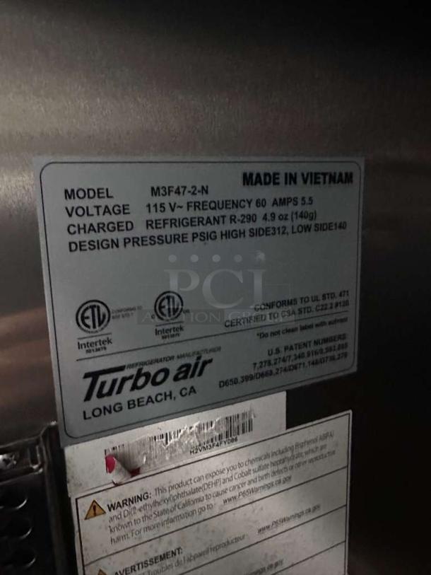 Turbo Air M3F47-2-N label, shows UL and CSA certifications, voltage 115V, and refrigerant R-290 details. Serial number visible.