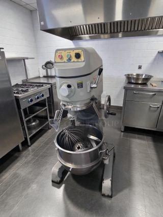 Premium condition Globe 20-Qt commercial planetary mixer, floor model, 115V, fully tested, with controls and attachments visible.