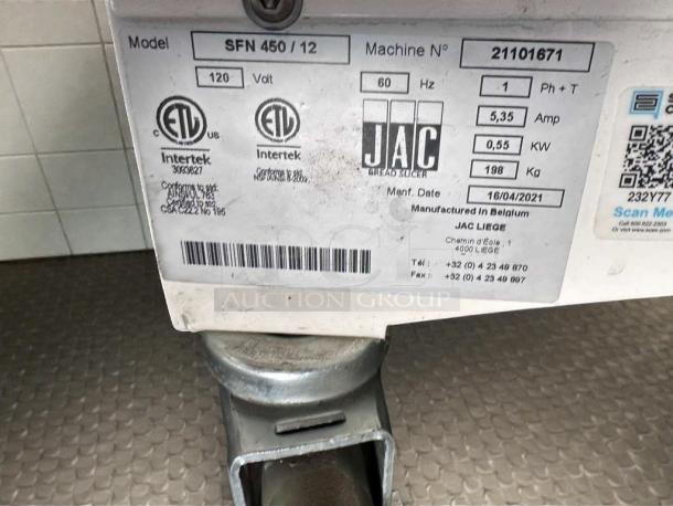 JAC SFN 450/12 commercial bread slicer label showing model, 120V, UL Listed, 16/04/2021 manufacturing date, made in Belgium.