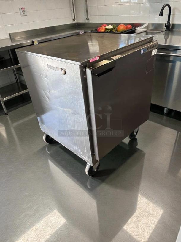 Beverage-Air UCR27A undercounter refrigerator, 27-inch, stainless steel, excellent condition, UL listed, on casters.