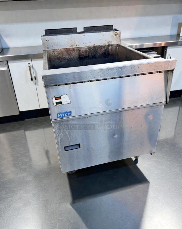 Pitco Commercial Gas Fryer, stainless steel, floor model, fully tested, operational, Pitco badge visible, excellent condition.